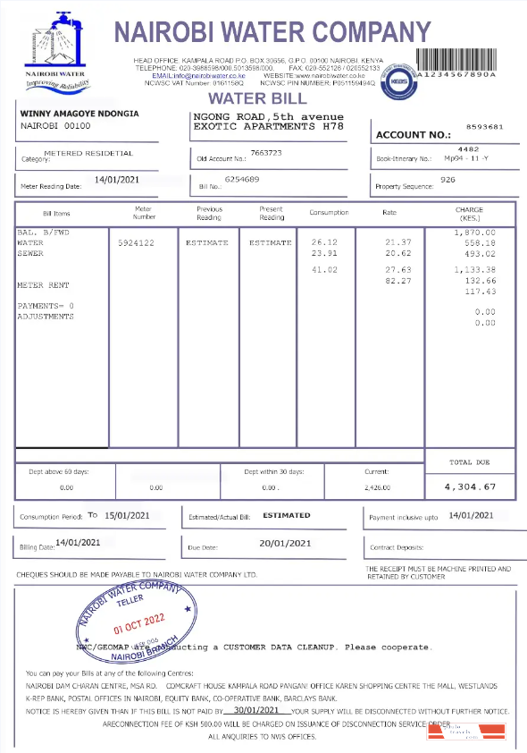 KENYA NAIROBI WATER utility bill Word and PDF template